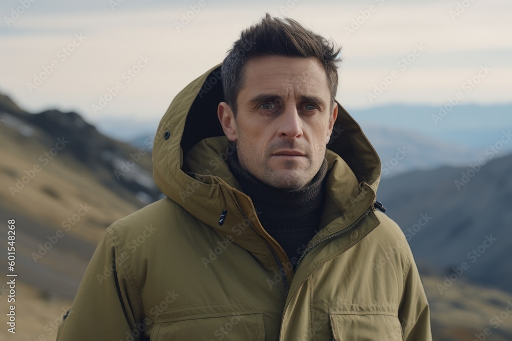 Portrait of a man in a warm jacket on the background of mountains Portrait of a man in a warm jacket on the background of mountains