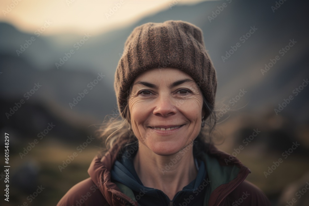 Portrait of a smiling woman in the mountains at sunset in autumn Portrait of a smiling woman in the mountains at sunset in autumn