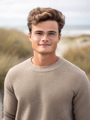 Portrait of handsome young man with eyeglasses on the beach