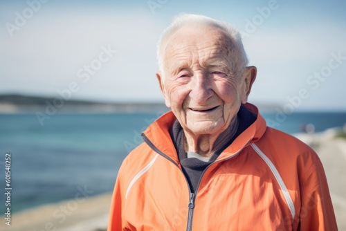 Portrait of an elderly man in orange jacket on the seashore © Hanne Bauer