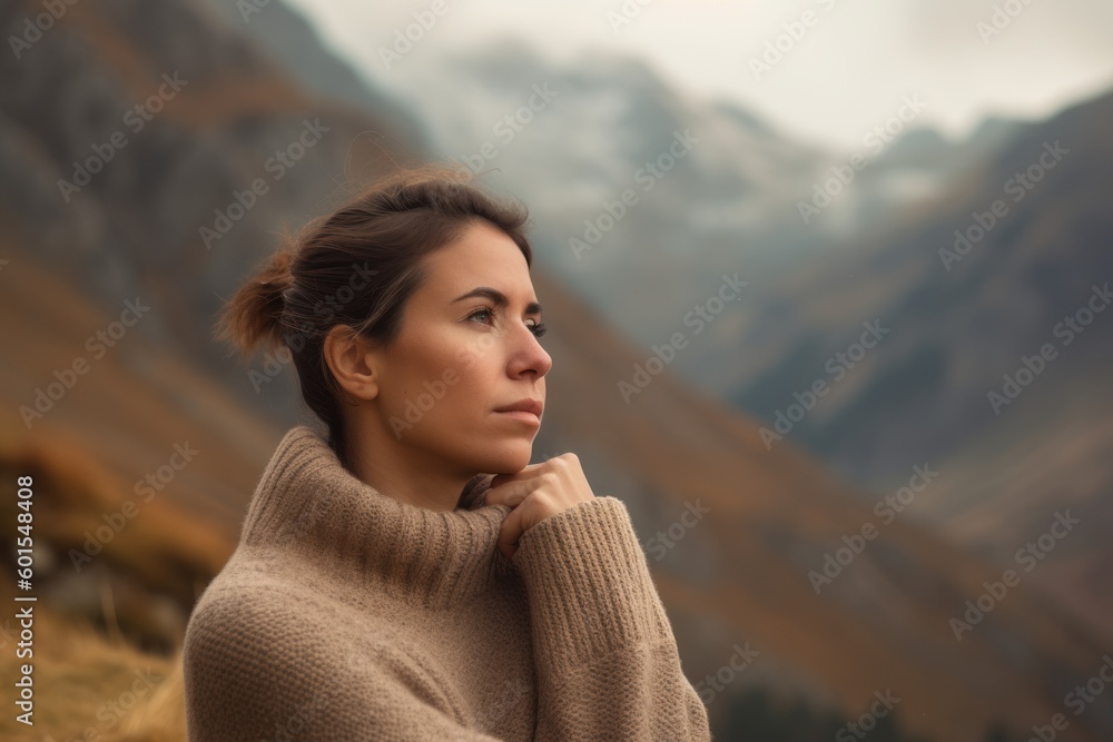 Portrait of a beautiful young woman in a sweater on the background of mountains. Portrait of a beautiful young woman in a sweater on the background of mountains.