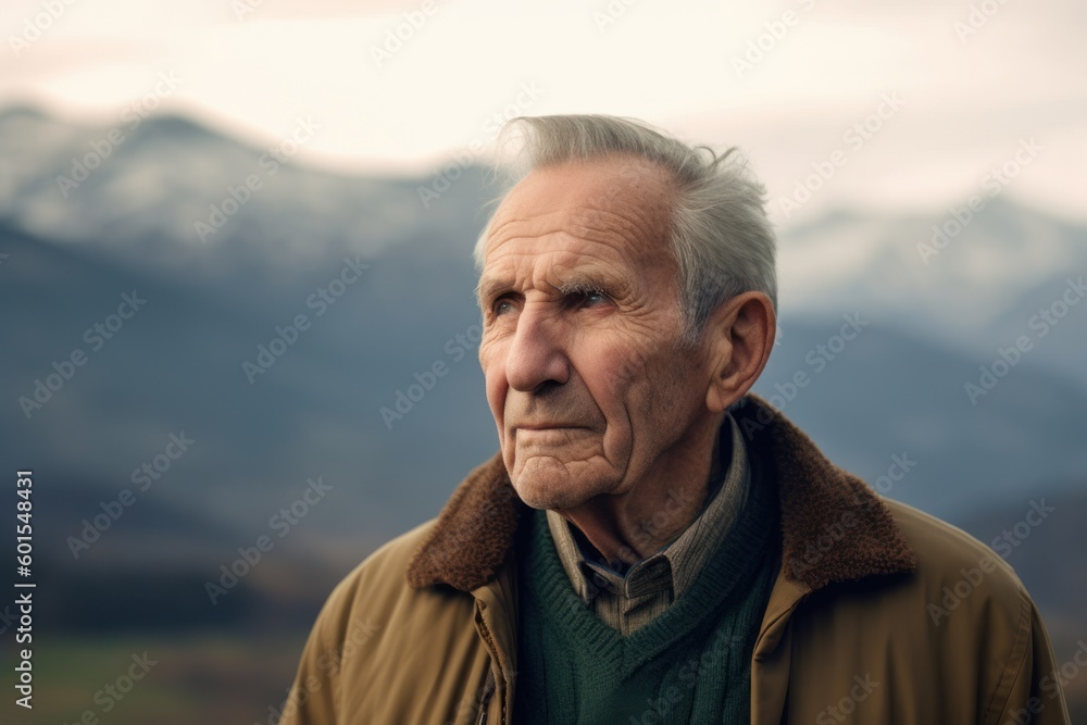 Portrait of an elderly man in the mountains. Selective focus.