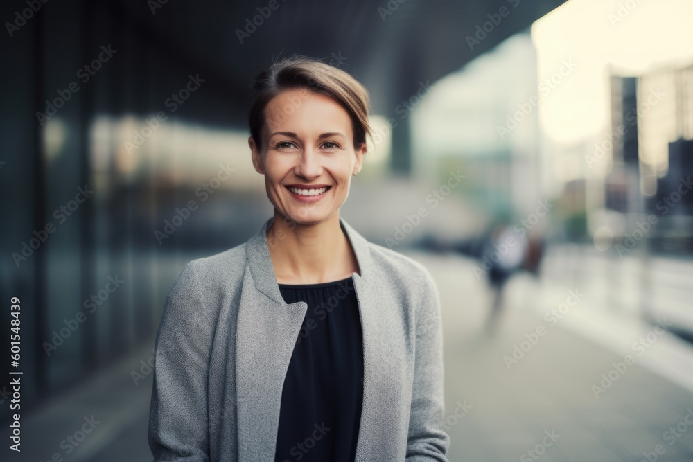 Portrait of smiling businesswoman standing in front of modern office building Portrait of smiling businesswoman standing in front of modern office building
