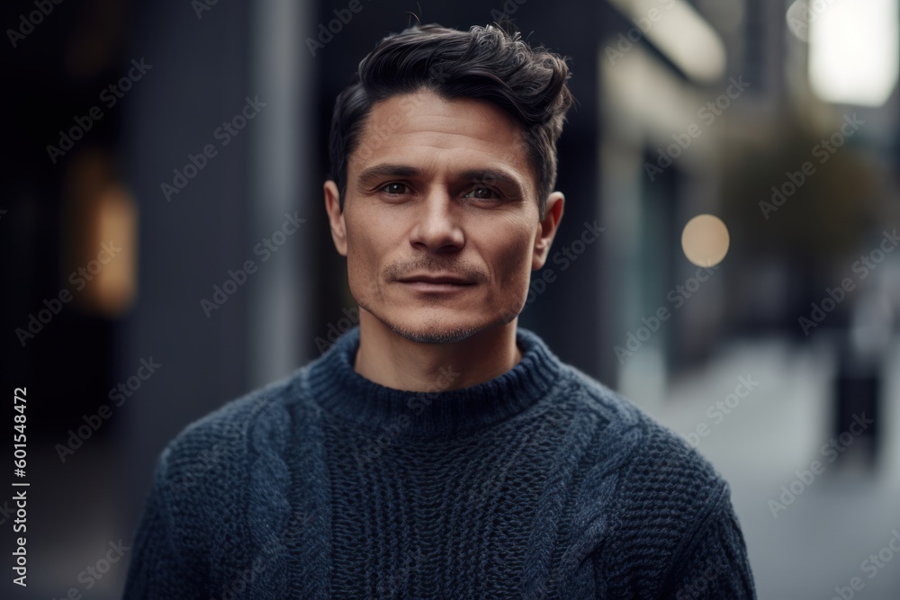 Portrait of a handsome young man in a sweater on the street Portrait of a handsome young man in a sweater on the street