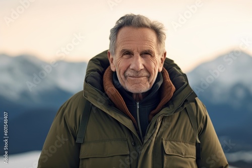 Portrait of senior man in winter jacket looking at camera against snowy mountains