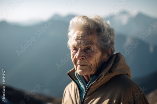 Portrait of an elderly woman on the background of the mountains. © Hanne Bauer