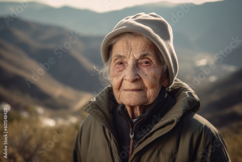 Portrait of an elderly woman in the mountains. Selective focus.