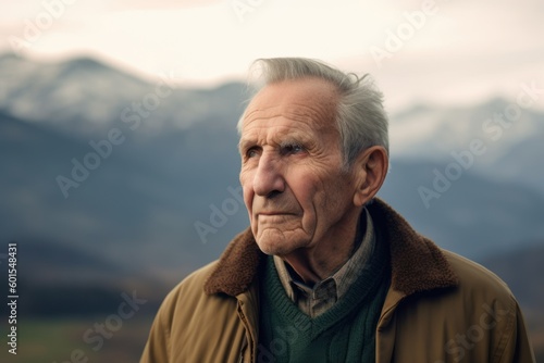 Portrait of an elderly man in the mountains. Selective focus.