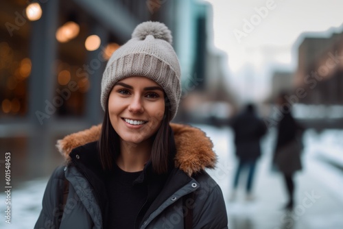 Medium shot portrait photography of a pleased woman in her 30s wearing a warm beanie or knit hat against a modern architectural background. Generative AI