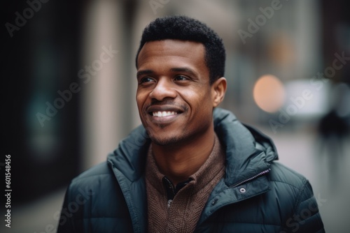 Portrait of handsome african american man smiling in the city