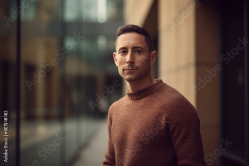 Portrait of a handsome young man in a brown sweater on a background of the building