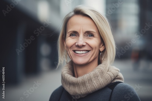 Portrait of beautiful middle aged woman looking at camera and smiling while standing outdoors