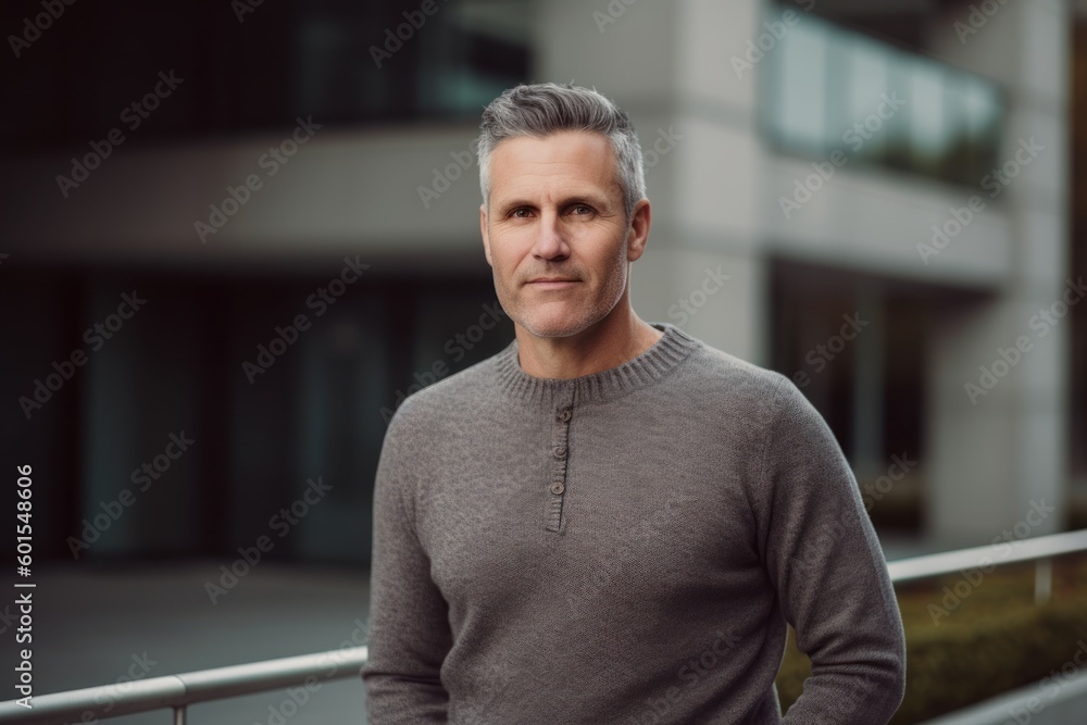 Handsome middle-aged man in a grey sweater on the background of a modern building Handsome middle-aged man in a grey sweater on the background of a modern building