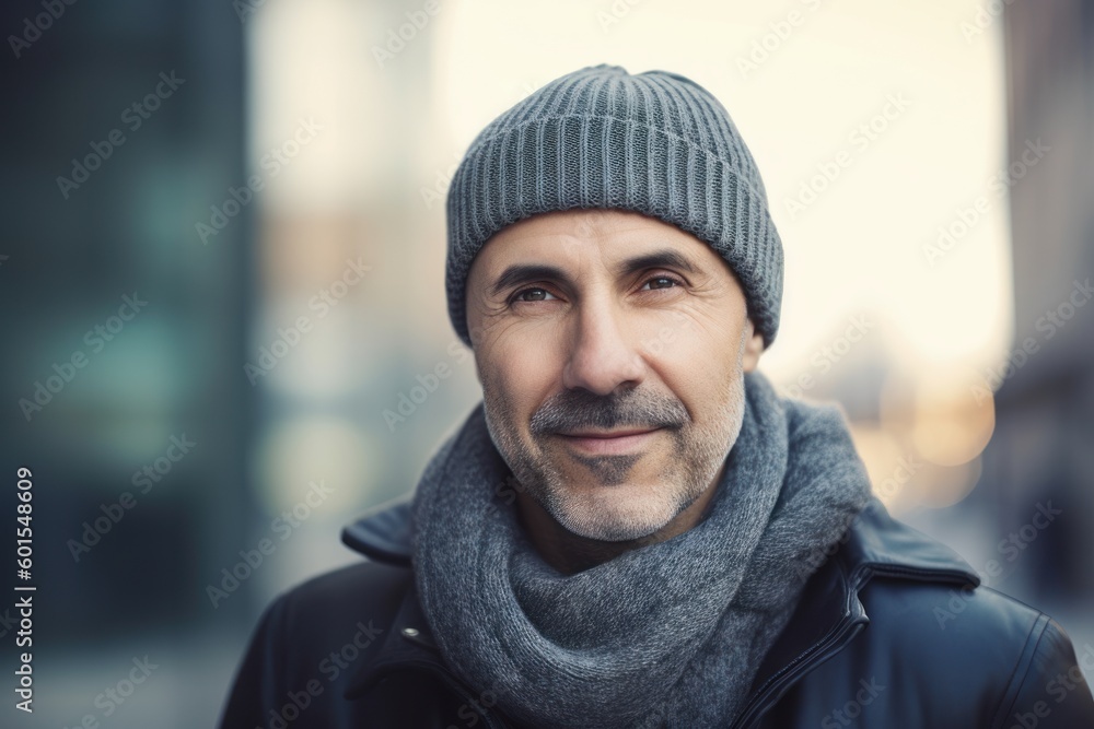 Portrait of a middle-aged man in a hat and scarf in the city Portrait of a middle-aged man in a hat and scarf in the city