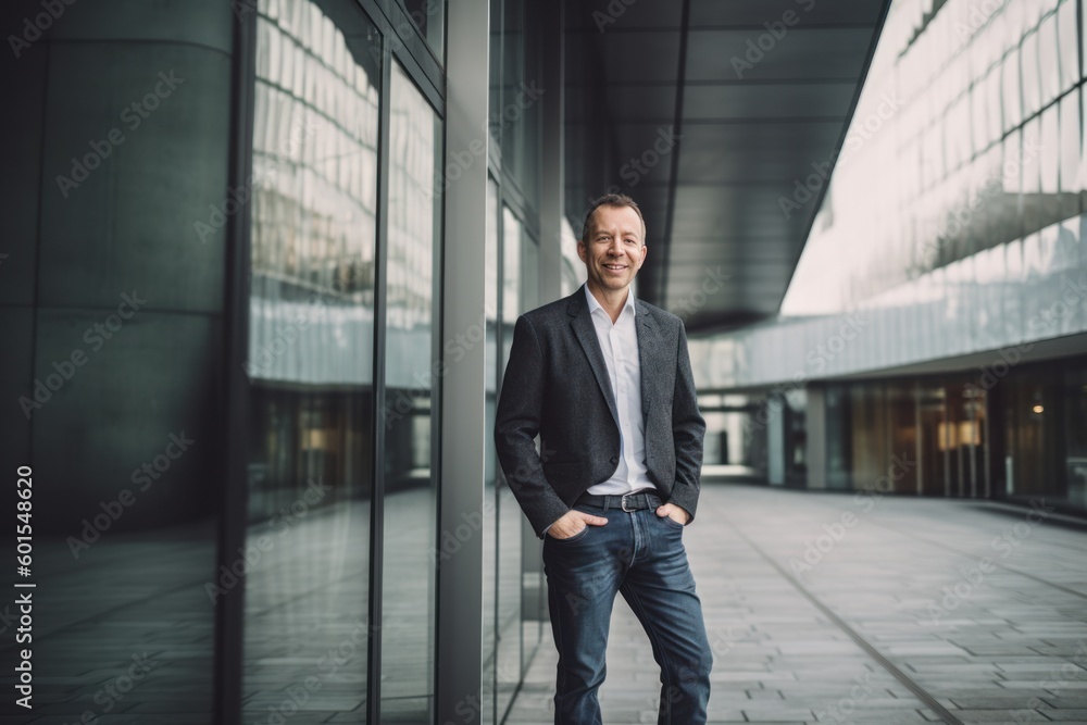 Portrait of a smiling businessman standing outside the office building and looking at camera Portrait of a smiling businessman standing outside the office building and looking at camera