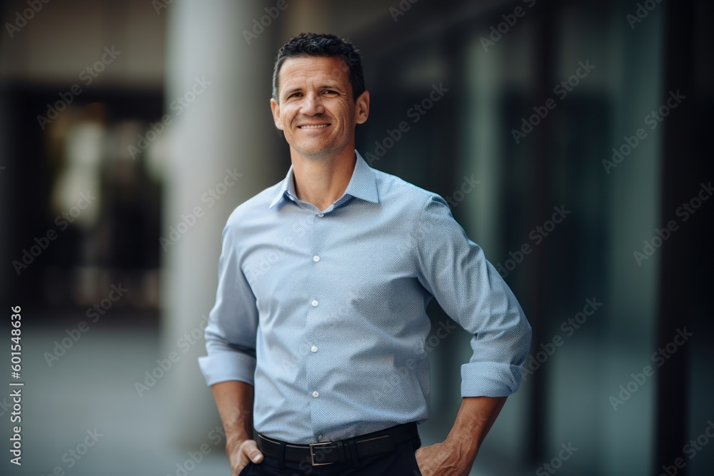 Fototapeta premium Portrait of a handsome middle-aged man in blue shirt.