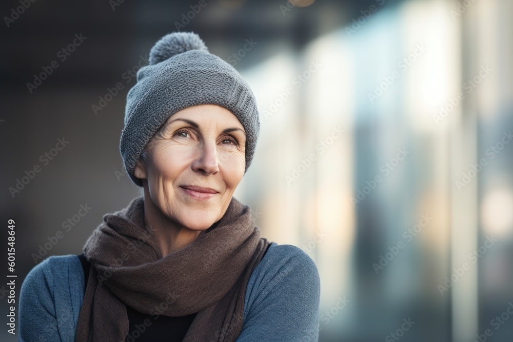 Lifestyle portrait photography of a satisfied woman in her 50s wearing a warm beanie or knit hat against a modern architectural background. Generative AI Lifestyle portrait photography of a satisfied woman in her 50s wearing a warm beanie or knit hat against a modern architectural background. Generative AI