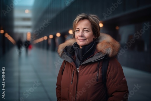 Portrait of a middle-aged woman in a red jacket on a city street