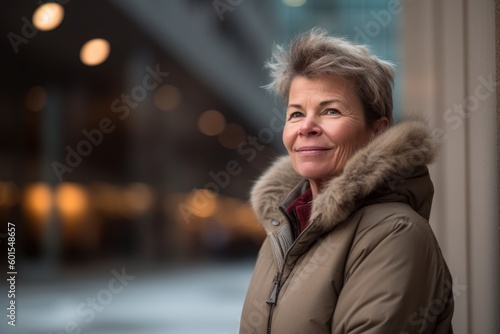 Portrait of a beautiful senior woman in winter coat in the city
