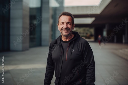 Portrait of a handsome middle-aged man in sportswear smiling outdoors