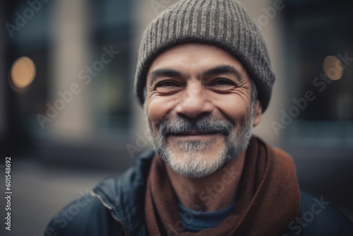 Portrait of a handsome mature man with grey beard and mustache in the city