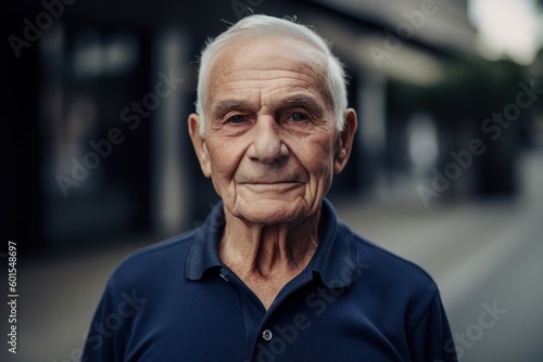 Group portrait photography of a satisfied man in his 80s wearing a sporty polo shirt against a modern architectural background. Generative AI