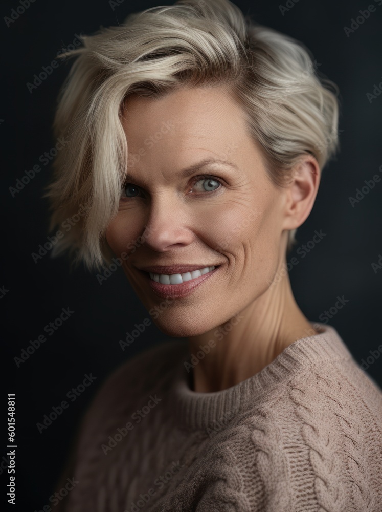 Portrait of beautiful middle-aged woman with short blond hair. Portrait of beautiful middle-aged woman with short blond hair.