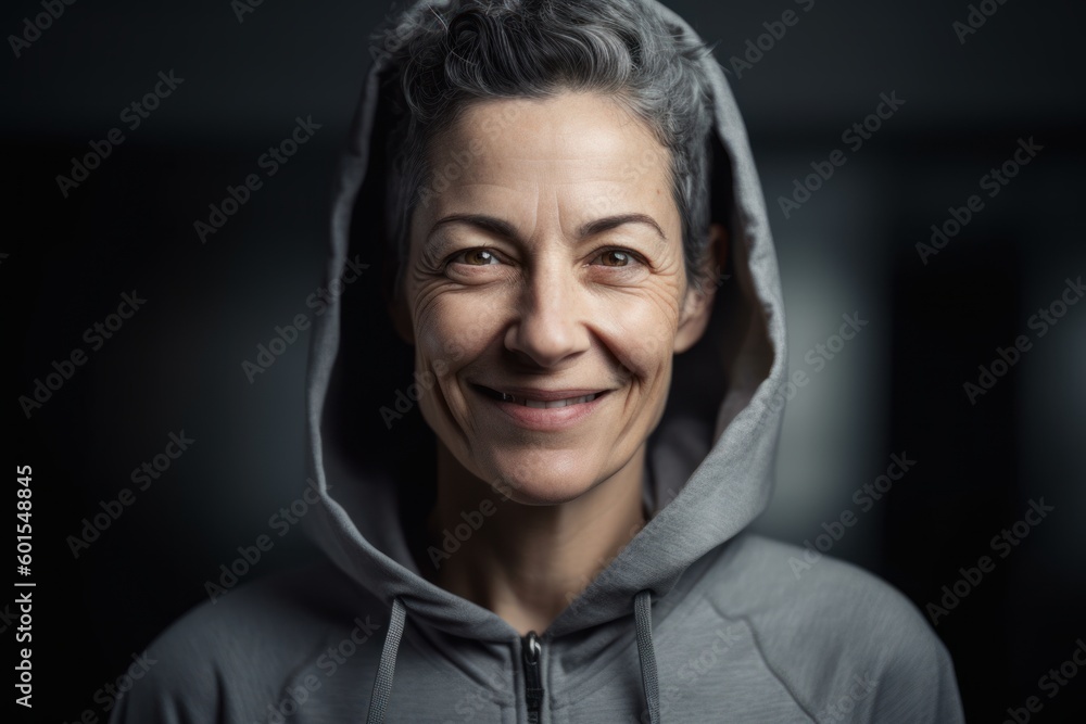 Portrait of smiling middle aged woman in hoodie looking at camera Portrait of smiling middle aged woman in hoodie looking at camera