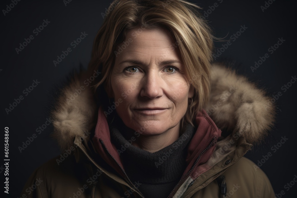 Portrait of a beautiful middle aged woman in winter jacket on a dark background Portrait of a beautiful middle aged woman in winter jacket on a dark background