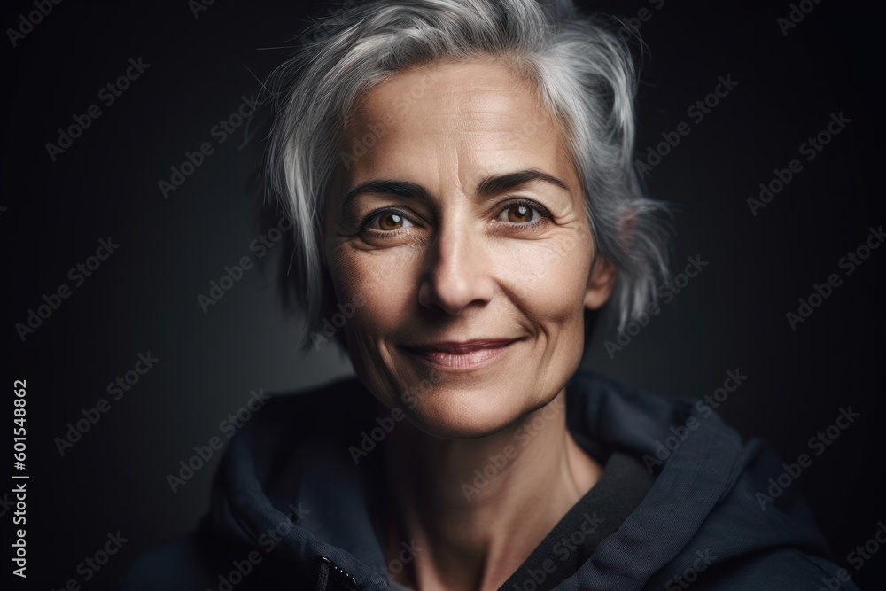 Portrait of a beautiful senior woman with grey hair on a dark background Portrait of a beautiful senior woman with grey hair on a dark background