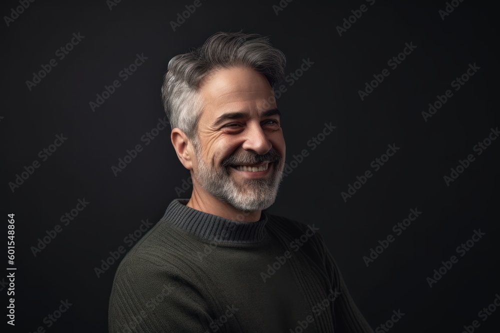 Fototapeta premium Portrait of a smiling senior man on a dark background. Copy space.