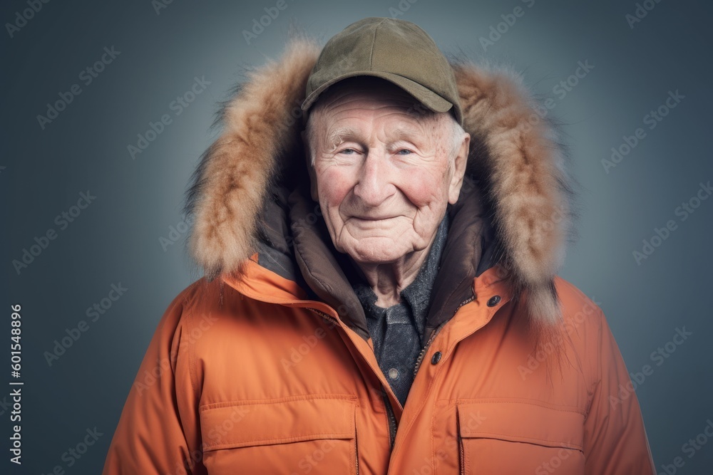 Portrait of an elderly man in a warm jacket and cap. Portrait of an elderly man in a warm jacket and cap.