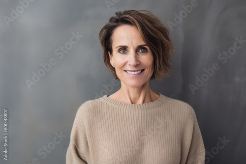 Medium shot portrait photography of a pleased woman in her 40s wearing a cozy sweater against an abstract background. Generative AI photo