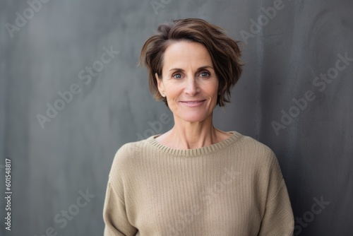 Environmental portrait photography of a pleased woman in her 40s wearing a cozy sweater against an abstract background. Generative AI © Hanne Bauer