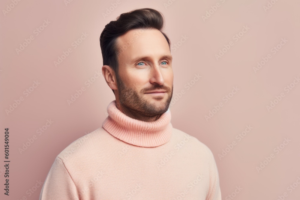 Obraz premium Portrait of handsome young man in pink sweater, isolated on pink background