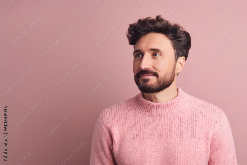 Portrait of a handsome young man in a pink sweater on a pink background