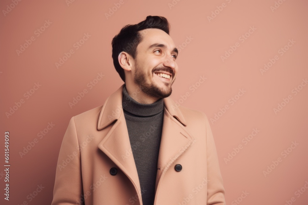 Cheerful young man in beige coat looking away and smiling Cheerful young man in beige coat looking away and smiling