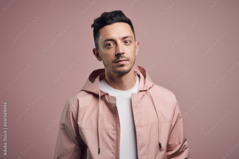 young man in beige jacket looking at camera isolated on pink background