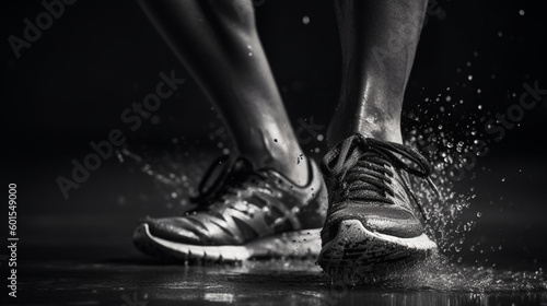Group of runners with closed legs running on the ground. Athletics in the mud. Black and white image. Image generated by AI.