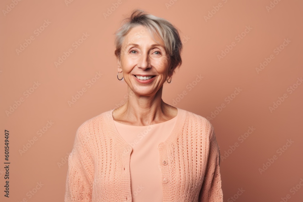 Portrait of a smiling senior woman in a pink sweater on a beige background Portrait of a smiling senior woman in a pink sweater on a beige background