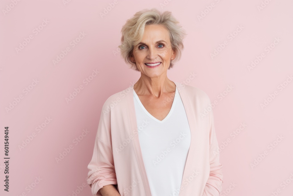 Portrait of beautiful senior woman looking at camera and smiling while standing against pink background Portrait of beautiful senior woman looking at camera and smiling while standing against pink background
