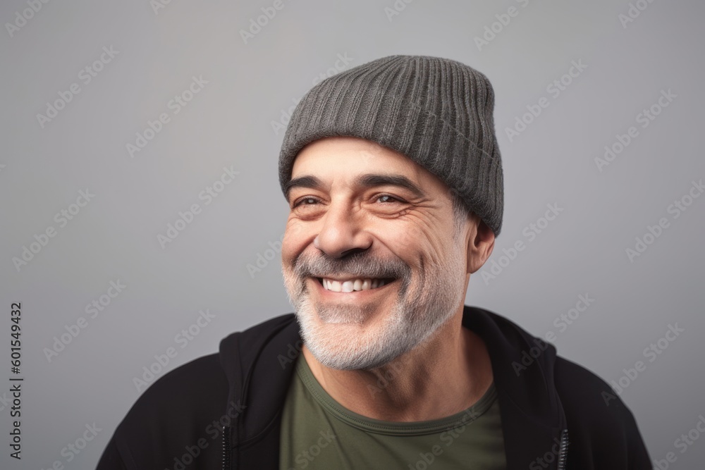 Portrait of a smiling middle-aged man in a knitted cap. Portrait of a smiling middle-aged man in a knitted cap.