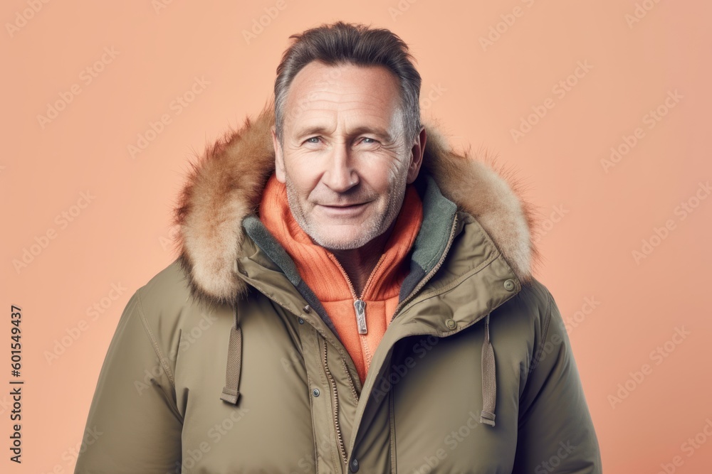 Portrait of smiling senior man in warm jacket, isolated on orange background Portrait of smiling senior man in warm jacket, isolated on orange background