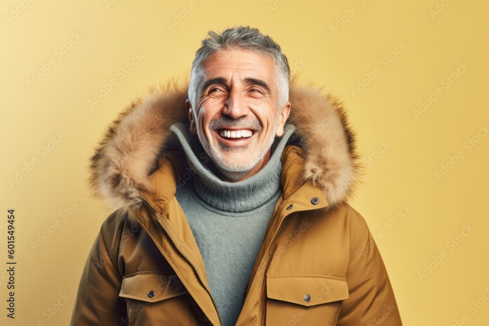 portrait of cheerful senior man in winter jacket, on yellow background portrait of cheerful senior man in winter jacket, on yellow background