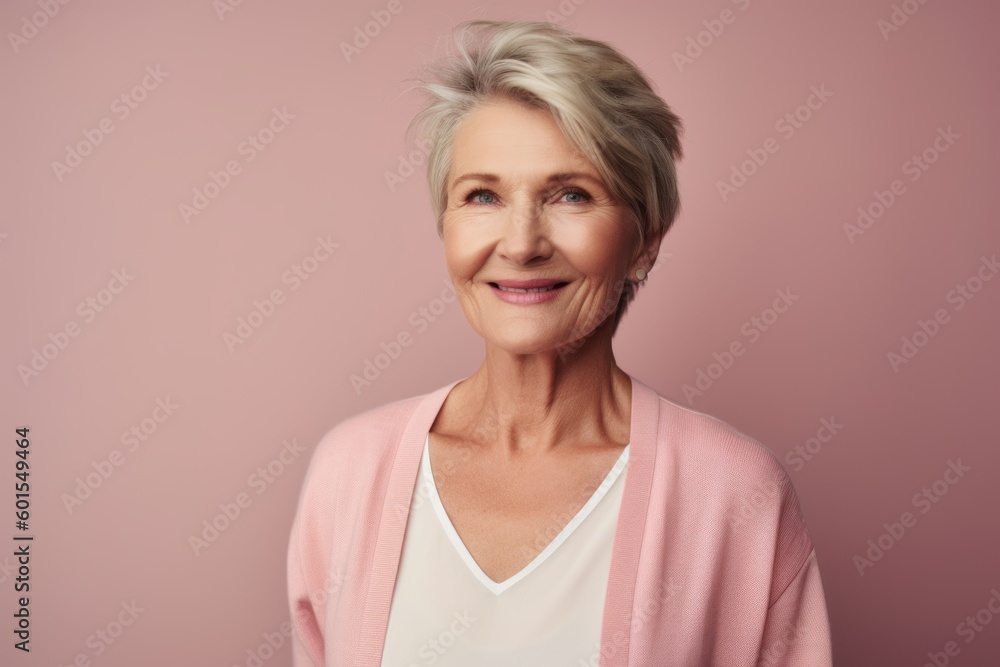 Portrait of smiling senior woman with short hair isolated on pink background Portrait of smiling senior woman with short hair isolated on pink background