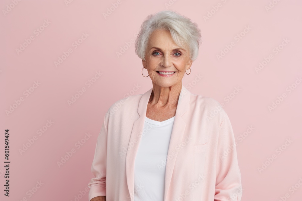 portrait of smiling senior woman in jacket, isolated on pink background portrait of smiling senior woman in jacket, isolated on pink background