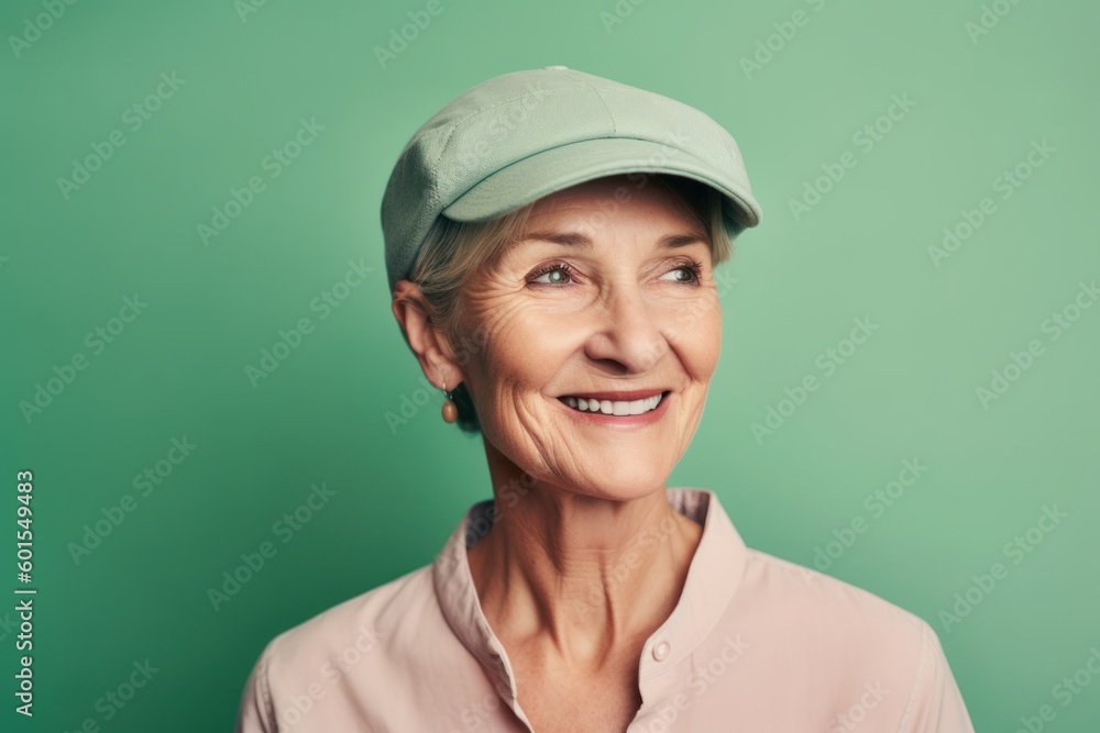 Portrait of smiling senior woman in cap looking away on green background Portrait of smiling senior woman in cap looking away on green background