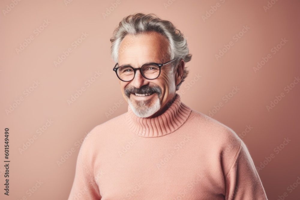 Obraz premium Group portrait photography of a pleased man in his 60s wearing a cozy sweater against a pastel or soft colors background. Generative AI
