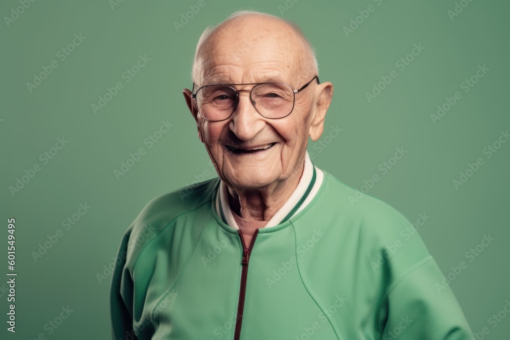 Portrait of a smiling senior man with glasses on a green background