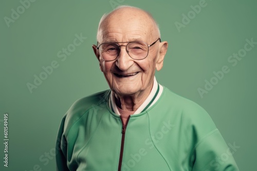 Obraz na płótnie Portrait of a smiling senior man with glasses on a green background w salonie